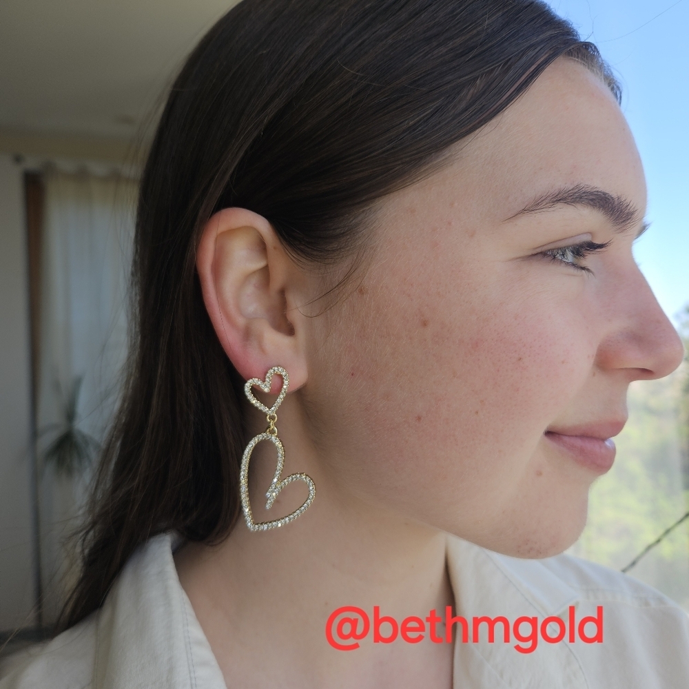 Earrings Rhinestone Double Heart Drop - Picture 7 of 16